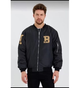 Unisex Uzun Kol Baskılı Bomber Ceket - Siyah