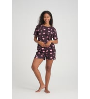 iLove Kısa Kollu Şort Kadın Pijama Takımı Örme Kumaş Pamuklu Desenli SüperSoft (Siyah-Pembe)