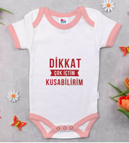 BK Kids Dikkat Çok İçtim Tasarımlı Pembe Bebek Body Zıbın-1