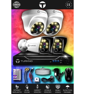 TURKNO 4 Kameralı Karie 2 İç Kamera Set HDD'siz Full HD Renkli Gece Görüşlü Güvenlik Kamerası Sistemi