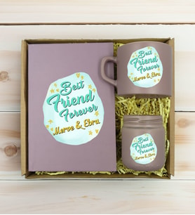 BK Gift Kişiye Özel İsimli DTF Best Friend Temalı Mat Gri Defter & Kahve Fincanı & Mum Hediye Seti-2, Arkadaşa Hediye, Doğum Günü Hediyesi