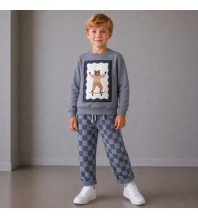 Kaykaycı Ayı Baskılı Sweatshirt Ve Dama Desenli Pantolon 2İplik Erkek Çocuk Alt Üst Takım