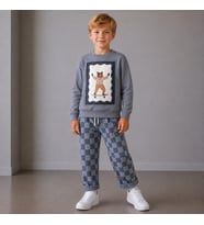 Kaykaycı Ayı Baskılı Sweatshirt Ve Dama Desenli Pantolon 2İplik Erkek Çocuk Alt Üst Takım