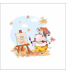 Sonbahar Resim Çizen İnek Sticker Duvar Sticker 30x20 CM