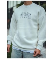 Üç İplik Bisiklet Yaka Baskılı SweatShirt - Beyaz