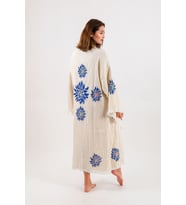 Müslin Kimono %100 Pamuklu Etnik Baskılı Desenli Bornoz Kaftan Sabahlık (Ekru)