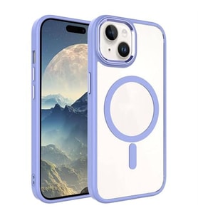 Coverzone iPhone 15 ile uyumlu K?l?f Wireless ?arj �zellikli Metal buton Z-Krom MagSafe ile uyumlu ?effaf Transparan Double Color Silikon Kapak Lila