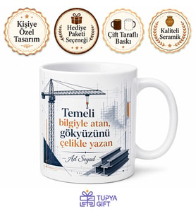 İsimli Vinç Desenli İnşaat Mühendisi Kupası Hediye Bardak Özel Tasarım