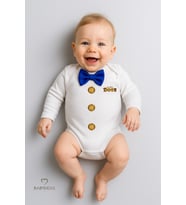 BABYDEN'S Minik Patron Papyonlu Bebek Body ,Düğme Deseni Baskılı, Erkek Bebek Uzun Kollu Çıtçıtlı Body Pamuklu (Saks Mavisi)