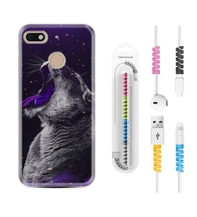 General Mobile GM8 Go GM9 GM20 Pro Plus Kılıf Kablo Koruma Spiral Silikon Purple Leopar 1750