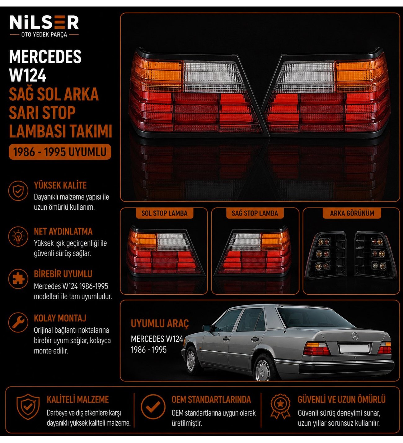 Mercedes W124 200E-230E-E200 Sağ-Sol Sarı Stop Lambası 1986-1995