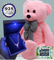 80 cm Pembe Peluş Ayıcık ve Işıklı Kutusunda 925 Ayar Gümüş Kolye (Model 5)