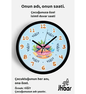 İsme Özel Sevimli Deniz Kabuğu Çocuk Odası Duvar Saati Orta Boy 30 cm Siyah Camlı Sessiz