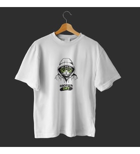 Black Green Cool Cat Illustrative Typographic T-Shirt (Beyaz)