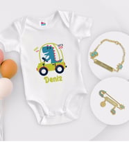 BK Kids Kişiye Özel İsimli Beyaz Bebek Body Zıbın Erkek Bebek Künyesi ve İğnesi Hediye Seti-34
