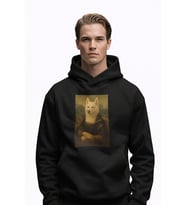 Erkek Mona Lisa Husky Baskılı Siyah Hoodie – 3 İplik Şardonlu Kapüşonlu Sweatshirt