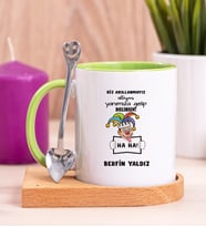 Kişiye Özel Biz Akıllanmayız Tasarım Esprili  Ahşap Altlıklı Yeşil Kupa Bardak