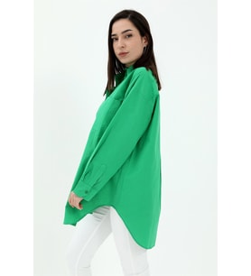 Tek Cepli Kolları Katlı Oversize Kalın Keten Gömlek - Yeşil