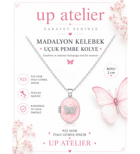 925 Ayar Gümüş İthal Zincirli Pembe Sedefli Silver Kelebek Madalyon Kolye 45cm