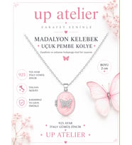 925 Ayar Gümüş İthal Zincirli Pembe Sedefli Silver Kelebek Madalyon Kolye 45cm