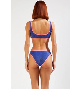 Kadın Bikini Takımı Kare Yaka Kolsuz Bralette Üst Normal Bel Slip Alt Simli Örme Kumaş Renk Bloklu