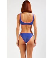 Kadın Bikini Takımı Kare Yaka Kolsuz Bralette Üst Normal Bel Slip Alt Simli Örme Kumaş Renk Bloklu