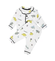 Unisex Ekru Renkli Dinazor Desenli Kruvaze Yaka Pijama Takımı