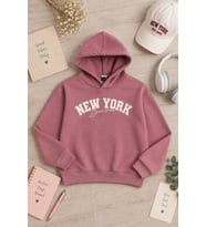 Gül Kurusu Kız Çocuk New York Baskılı 3 İplik Kapüşonlu Sweatshirt 24993