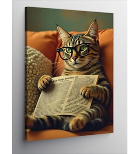 Kanvas Tablo Gazete Okuyan Kedi Figürü
