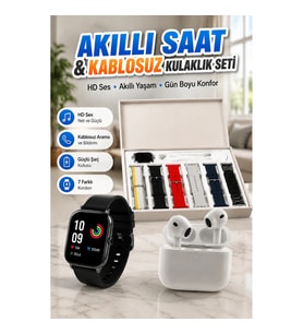 7 Kordonlu Akıllı Saat ve 3.Nesil Kablosuz Kulaklık Seti Dokunmatik Ekran Bluetooth Sesli Görüşme