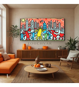 Yatay Panoramik Kanvas Tablo Şehir İnsan Figürleri Modern Sanat Tablo Ev Ofis Duvar Dekoru