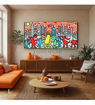 Yatay Panoramik Kanvas Tablo Şehir İnsan Figürleri Modern Sanat Tablo Ev Ofis Duvar Dekoru