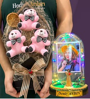 Size Özel Renkli Led Işıklı Fanus ve Büyük Boy Pembe Ayıcık Buketi (Model 5)