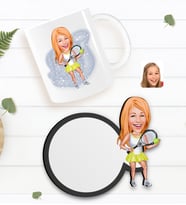 BK Gift Kişiye Özel Kadın Tenis Oyuncusu Karikatürlü Beyaz Kupa ve Ahşap Bardak Altlığı Hediye Seti-2