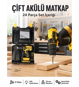Mey İthalat® Matkap Seti 24 Parça Çift Bataryalı Darbeli Led Işıklı Vidalama Yeni Nesil