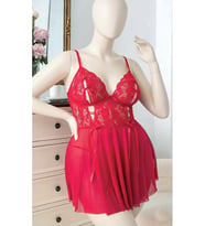 Büyük Beden Kırmızı Dantelli Detaylı Mini Babydoll Gecelik Takımı - 3628 (Siyah)