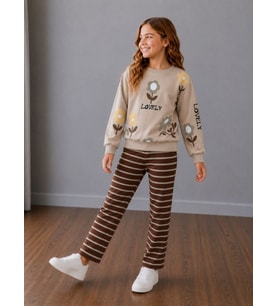 Çiçek Baskılı Sweatshirt ve Kahverengi Çizgili Eşofmanlı Kız Çocuk Bej&Kahve Uyumu Harika Alt Üst 2'li Takım 2İp