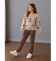 Çiçek Baskılı Sweatshirt ve Kahverengi Çizgili Eşofmanlı Kız Çocuk Bej&Kahve Uyumu Harika Alt Üst 2'li Takım 2İp