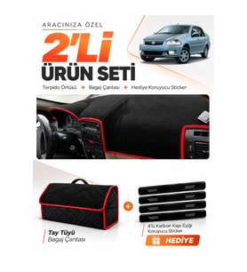 e-biz FIAT SİENA (2005-2012) Uyumlu Torpido Örtüsü + Tay Tüyü Bagaj Çantası - Siyah-Kırmızı - FI003