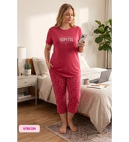 Guava Kadın Düğmesiz Bisiklet Yaka Viskon Kısa Kol Kapri Pijama Takımı(Basen Kapatır Tunik Boy Kapri)