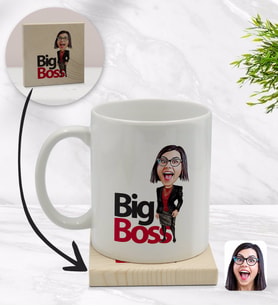 BK Gift Kişiye Özel Kadın Big Boss Karikatürlü Beyaz Kupa Bardak ve Ahşap Bardak Altlığı Hediye Seti - Model 2