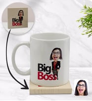 BK Gift Kişiye Özel Kadın Big Boss Karikatürlü Beyaz Kupa Bardak ve Ahşap Bardak Altlığı Hediye Seti - Model 2