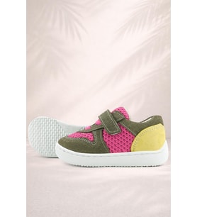 Rakerplus Bob Hakiki Deri Haki Yeşil Pembe Barefoot Cırtlı Lastikli Bebek Sneaker Ayakkabı