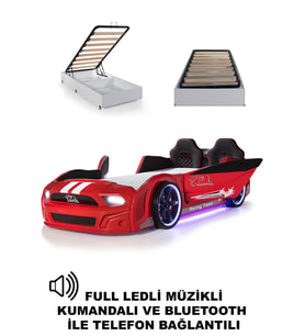 Bazalı Arabalı Yatak Kırmızı Kapıları Açılan Mustang Full Ledli Kumandalı ve Müzikli