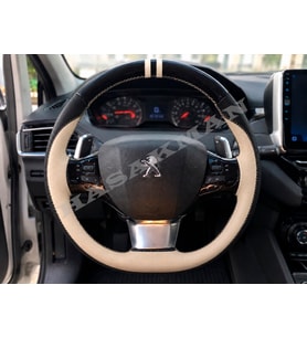 Peugeot 208 Dikme Direksiyon Kılıfı Parlak Siyah Bej Detaylı Bej Çift Yüzük ve Dikiş 2019-2023