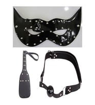 Deri Fantezi Göz Maskesi Deri Fantezi Şaplak Deri Fantezi Ağız Topu 3 Lü Set + Erotik Masaj Yağı(Leather Fantasy Eye Mask Leather Fantasy Spanking Leather Fantasy Mouth Ball Set of 3 + Erotic Massage Oil)