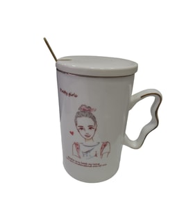 GFTPNT Porselen Kupa Bardak Mug Beyaz Tekli Kapaklı , Gold Metal Kaşıklı Güzel Kızlar