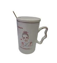 GFTPNT Porselen Kupa Bardak Mug Beyaz Tekli Kapaklı , Gold Metal Kaşıklı Güzel Kızlar