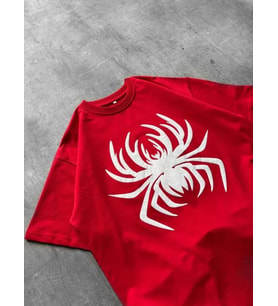 Erkek Örümcek Baskılı Tişört Kısa Kollu Bisiklet Yaka T-Shirt - Kırmızı