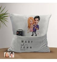 BK Gift Kişiye Özel Sevgililer Karikatür Tasarımlı Organizer Kumanda ve Atıştırmalık Cepli Gri Kırlent Yastık-3, Sevgiliye Hediye